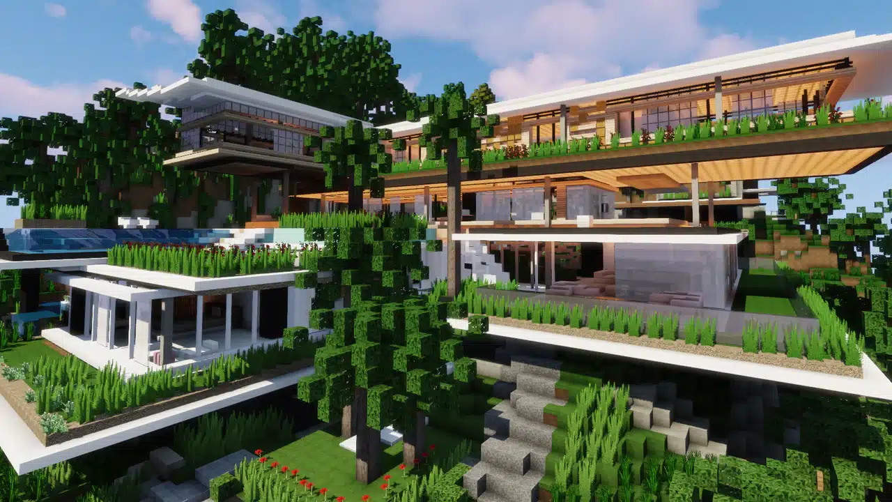 Mẫu nhà Minecraft hiện đại có nhiều cây xanh