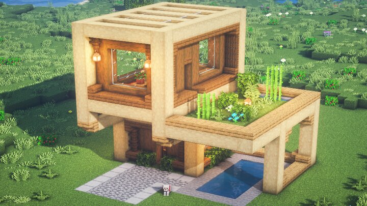 Mẫu nhà gỗ trong Minecraft hiện đại có hồ bơi