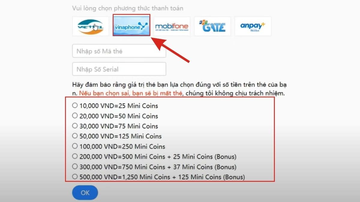 Nạp xu Mini World bằng thẻ Vinaphone