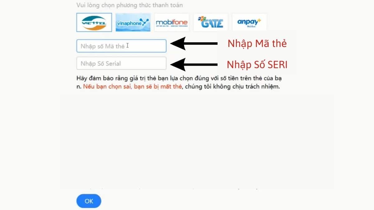 Nhập Mã thẻ và Số SERI trên thẻ