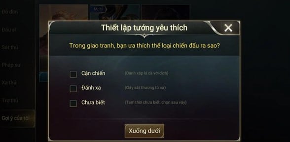 Vào Thiết lập tướng yêu thích
