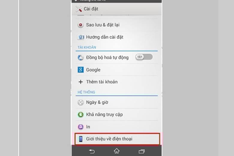 Vào mục Giới thiệu về điện thoại.