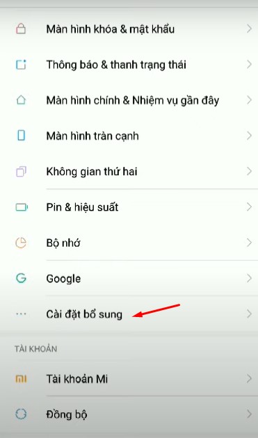 chọn mục Cài đặt bổ sung