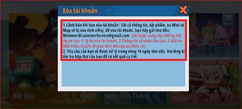thông báo về cách thức xóa tài khoản