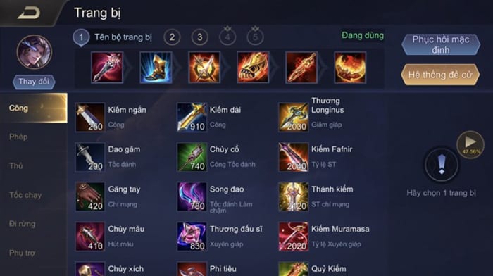 Bộ trang bị tăng sát thương cho Triệu Vân