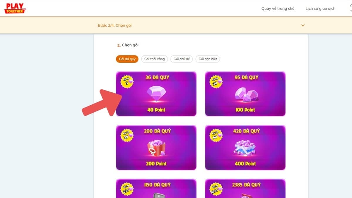 Chọn gói muốn nạp