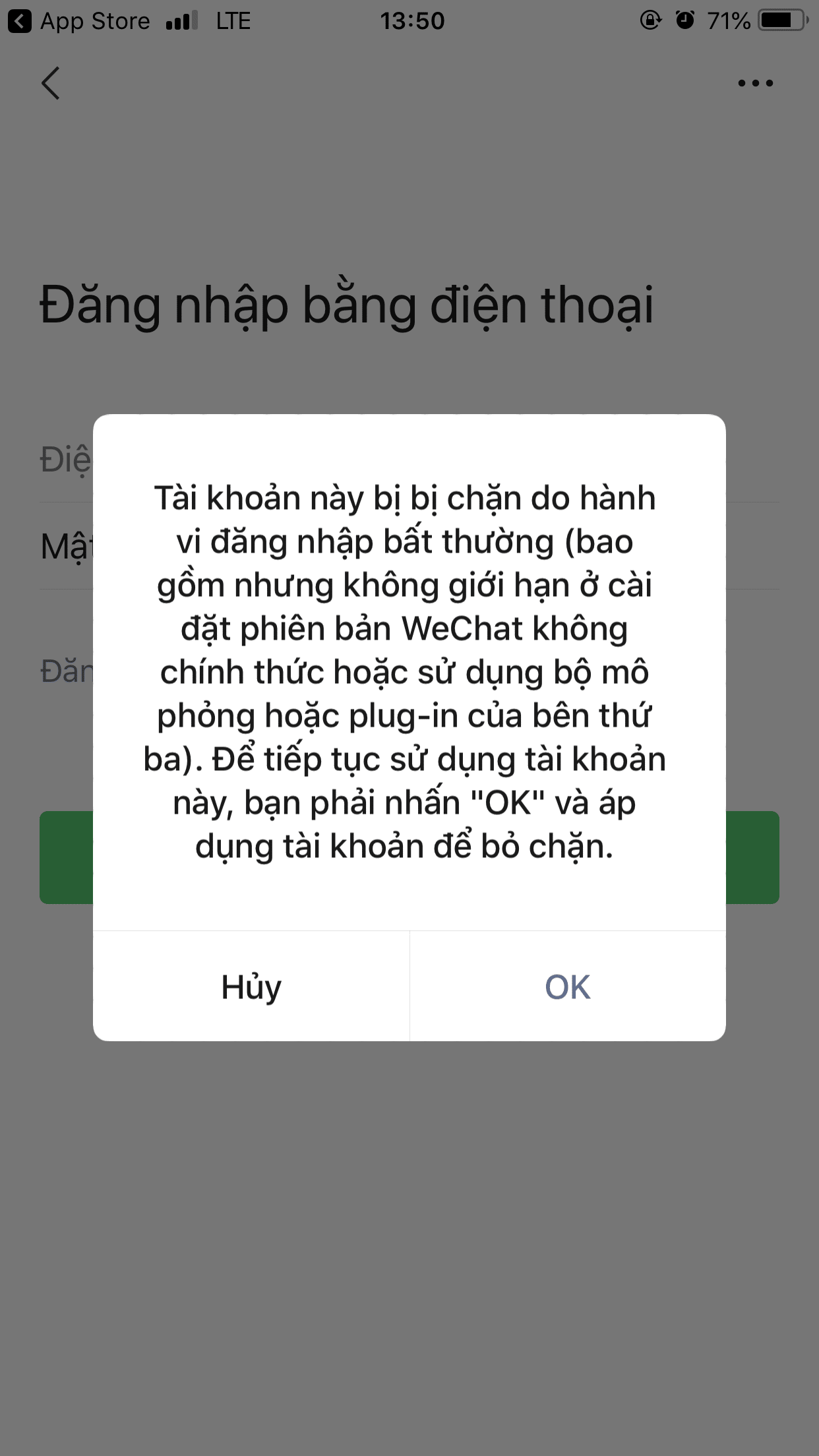 Hình ảnh Wechat bị khóa do hành vi đăng nhập bất thường
