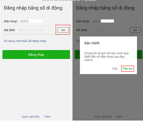 Nhấn Gửi và chọn Tiếp tục để đồng ý việc hệ thống gửi mã xác minh