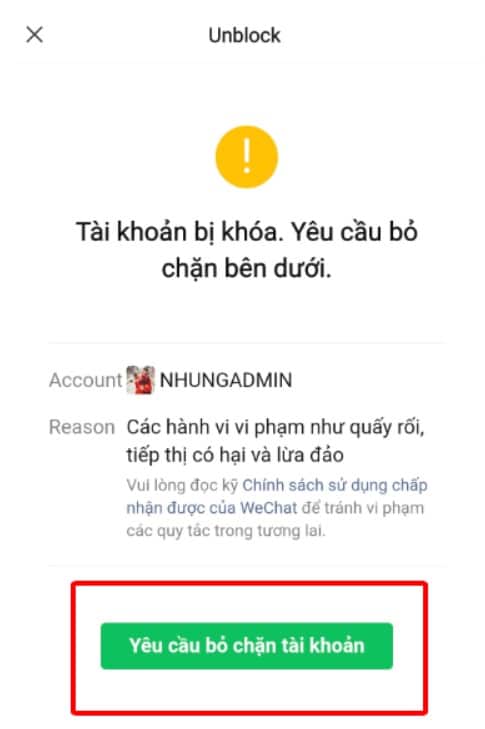 Nhấn vào yêu cầu bỏ chặn tài khoản