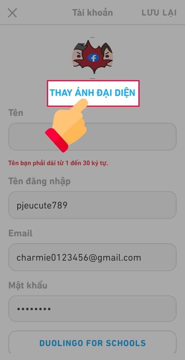 Nhấp chọn thay ảnh đại diện