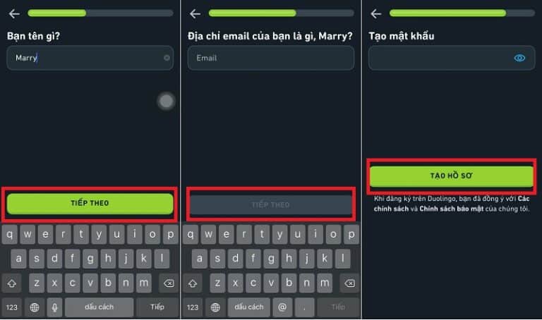 Nhập mật khẩu, chọn Tạo hồ sơ