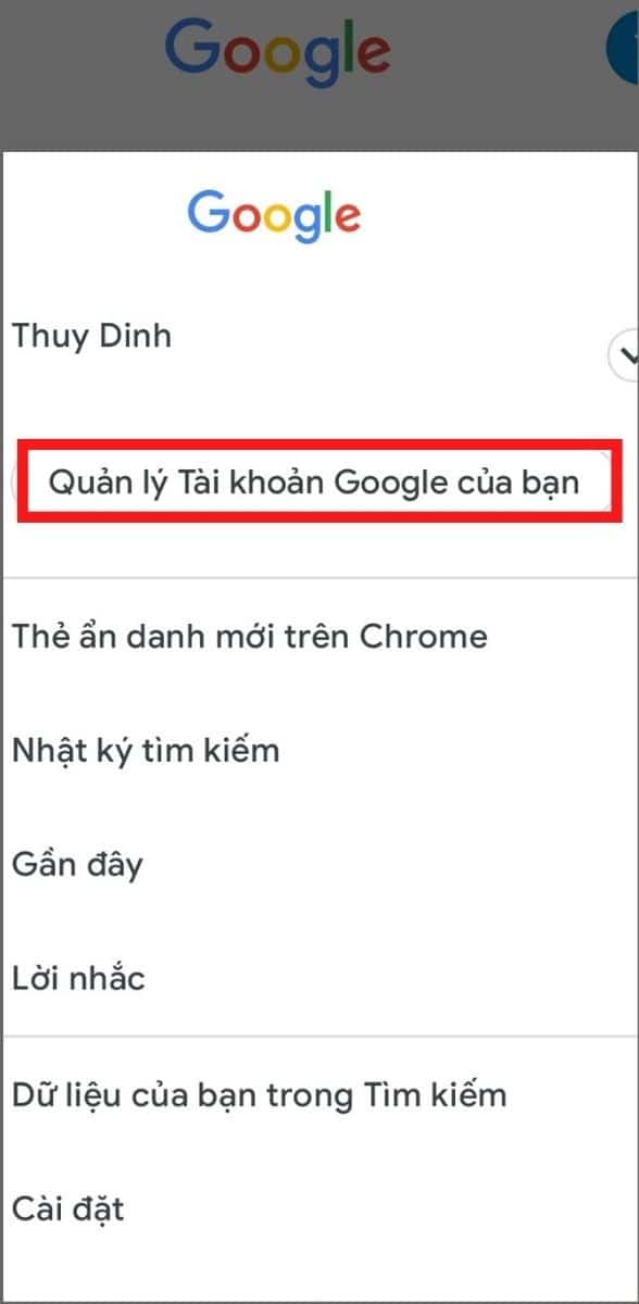 vào mục Quản lý tài khoản Google