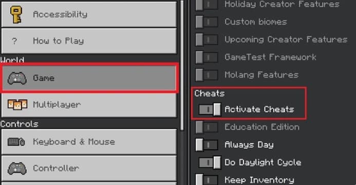 Bật nút chuyển đổi Activate Cheats