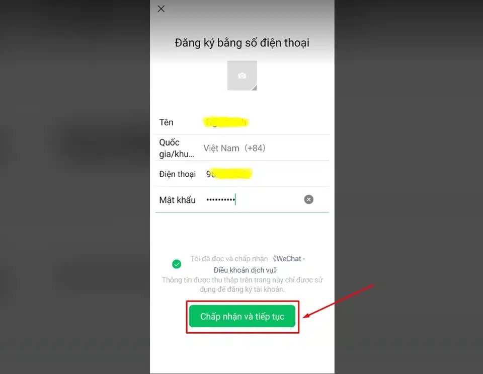 Chấp nhận điều khoản của WeChat ở bên dưới