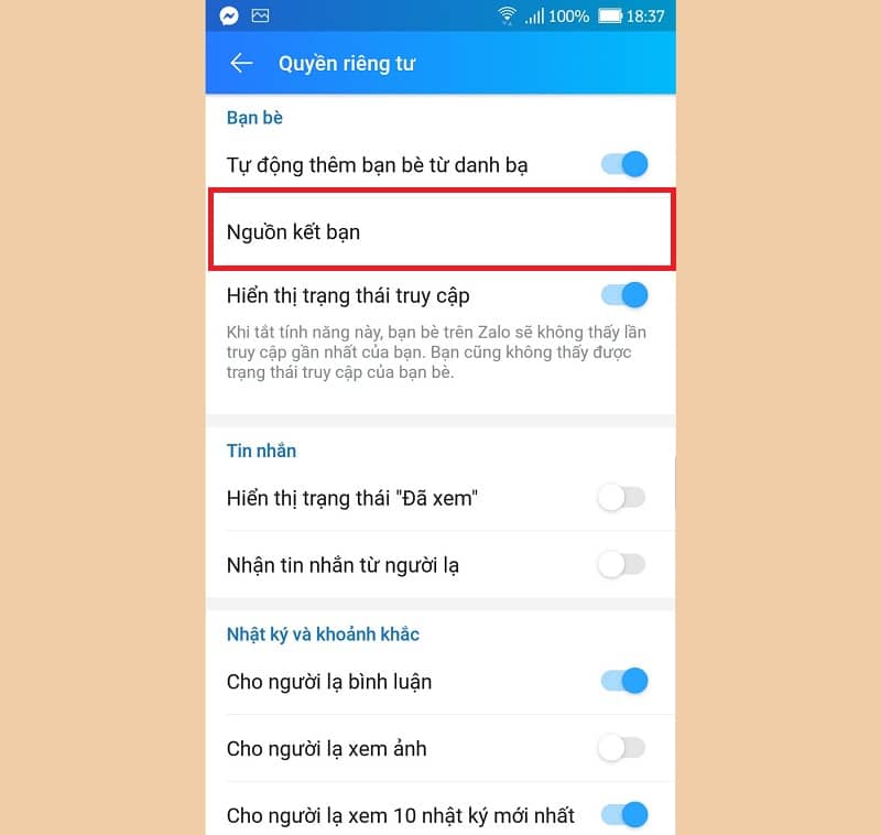 Chọn tiếp mục Nguồn kết bạn