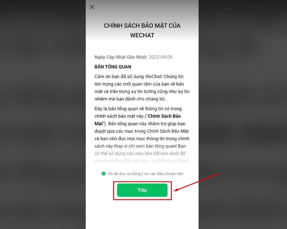 Đánh dấu tích vào ô Tôi đã đọc và đồng ý với các điều khoản trên và nhấn Tiếp