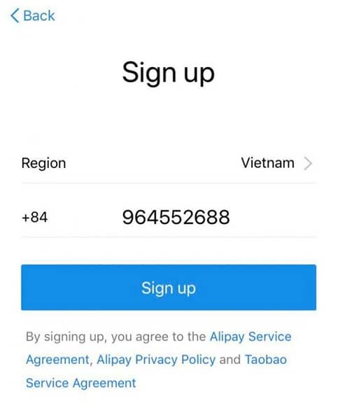 Điền số điện thoại và bấm Sign Up