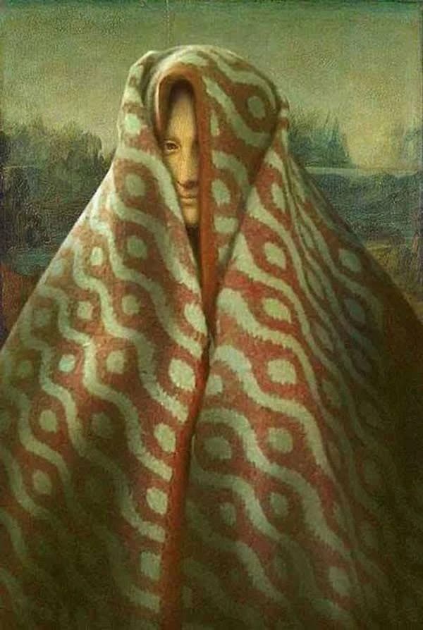 Hình chế Mona Lisa đội sọt trùm mền