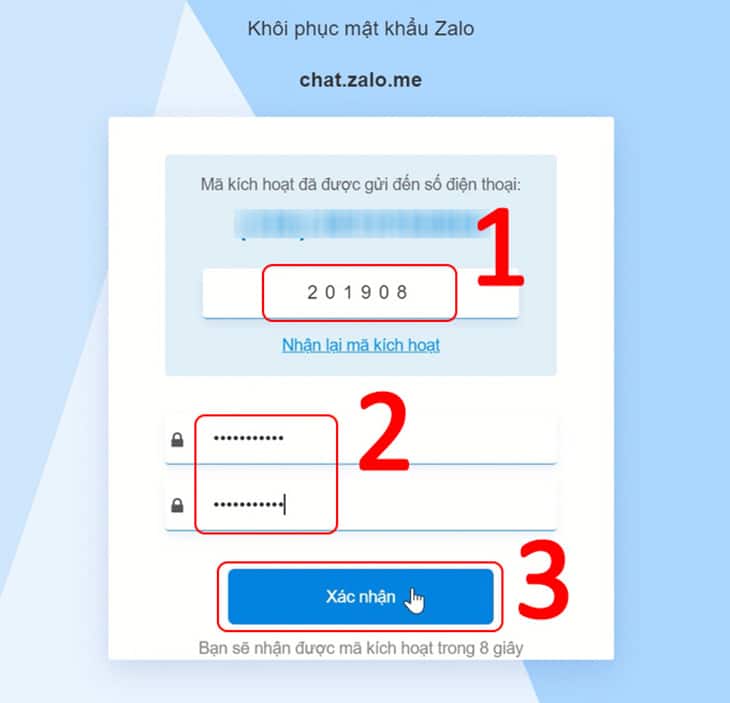 Nhập mã xác nhận mà Zalo đã cung cấp