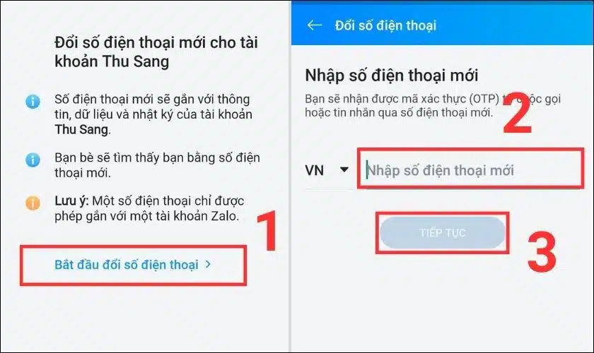 Nhập số điện thoại mới rồi ấn Tiếp tục