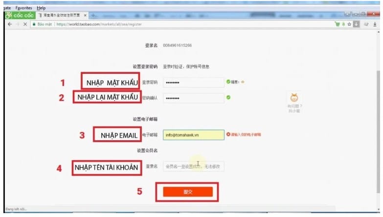 Tiến hành điền thông tin tài khoản Taobao
