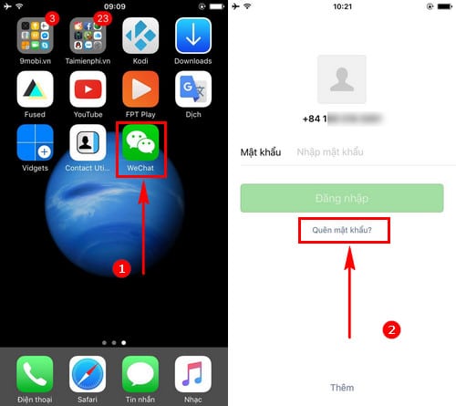 Truy cập vào ứng dụng Wechat, tại phần đăng nhập chọn vào mục Quên mật khẩu