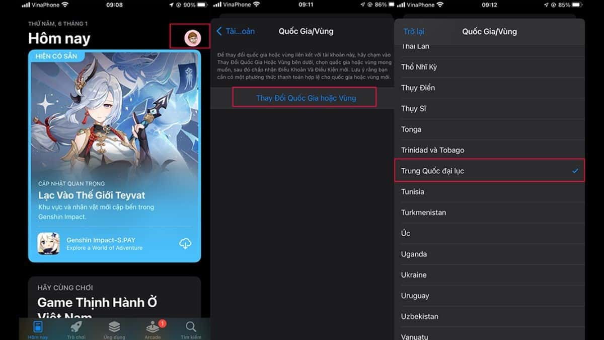 Vào AppStore sau đó nhấn vào thay đổi quốc gia, vùng