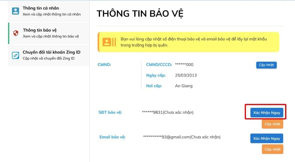Xác nhận ngay thông tin bảo vệ