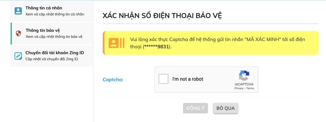 Xác nhận số điện thoại bảo vệ