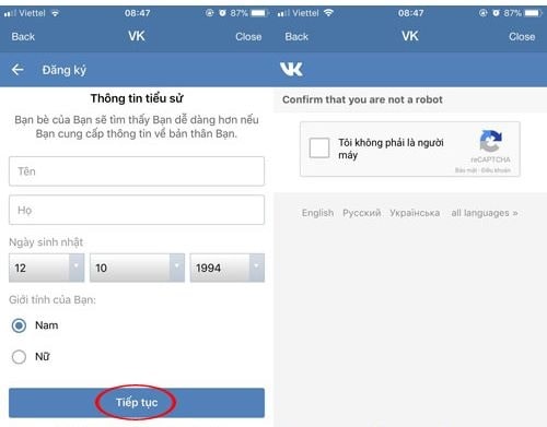 Điền thông tin sau đó nhấn tiếp tục