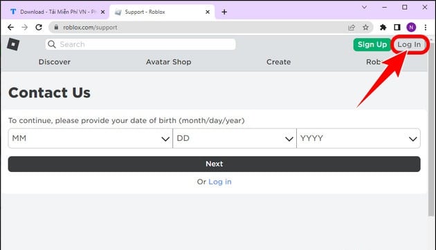 Kích chọn log in