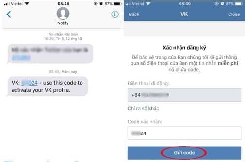 Nhập mã code sau đó gửi code