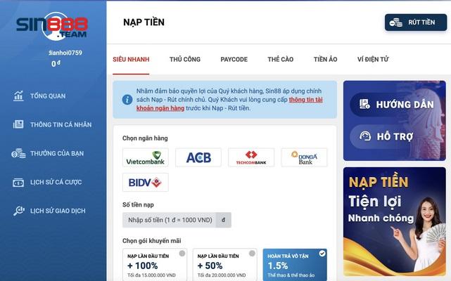 Nạp tiền bằng Internet banking