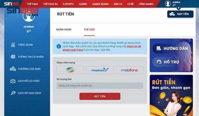 Nạp tiền Sin88 với hình thức thẻ cào điện thoại