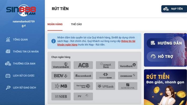 Quy trình giao dịch nạp rút tại trang game Sin88