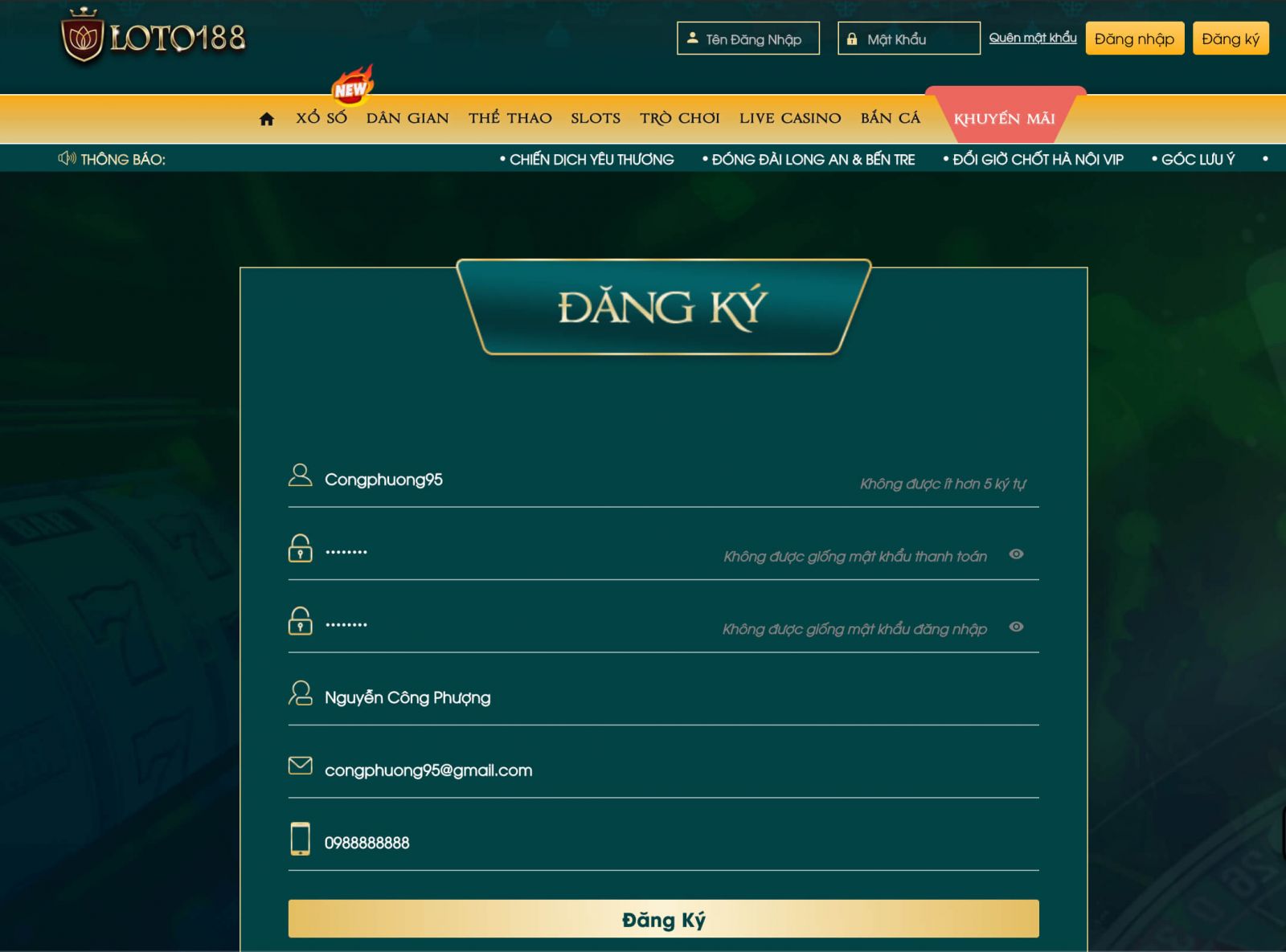 đăng ký loto188 trên máy tính