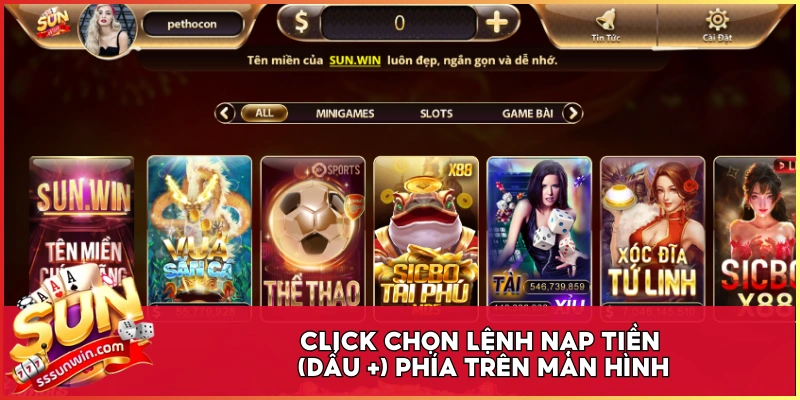 Click chọn lệnh nạp tiền (dấu +) phía trên màn hình