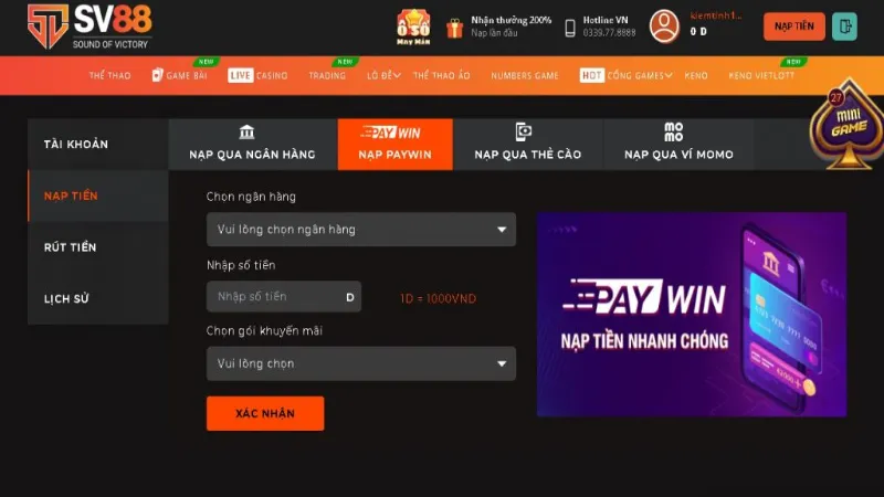 Hướng dẫn nạp tiền SV88