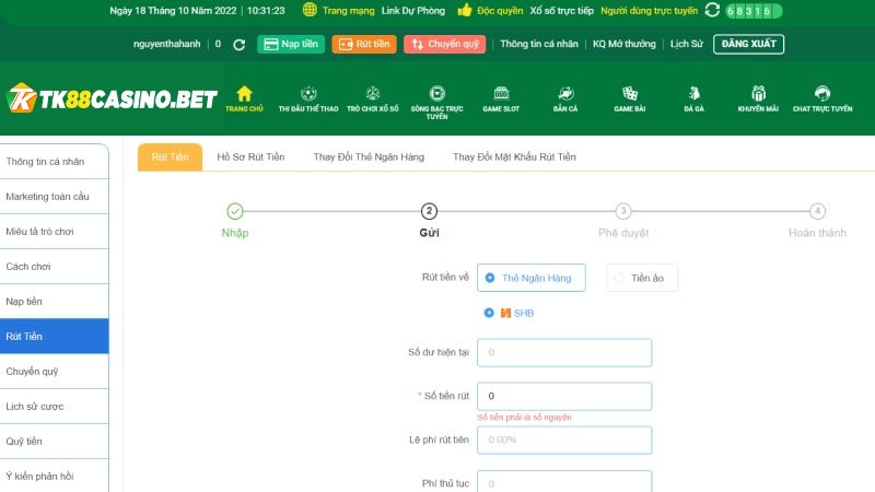 Hướng dẫn rút tiền TK88 về tài khoản ngân hàng siêu nhanh 
