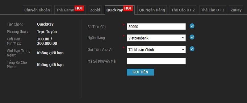 Gửi Tiền W88 Bằng Quick Pay