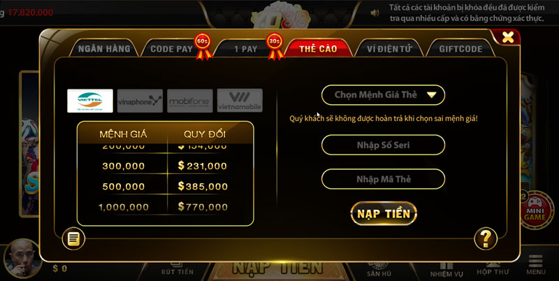 nạp tiền bằng thẻ cào tại YO88