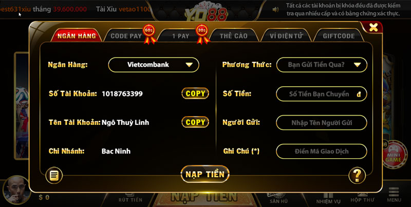 nạp tiền tại YO88
